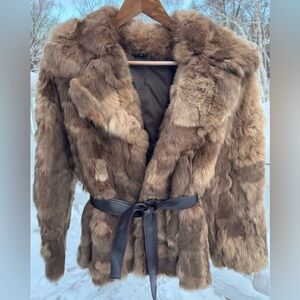 Vintage Real Rabbit Fur Belted Coat Brown Patchwork Medium